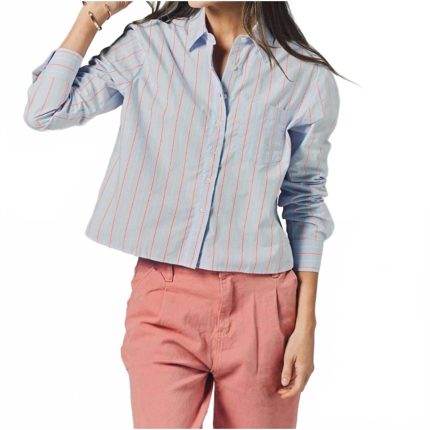 New The Shirt Long Sleeve Boxy Crop Button Down Shirt In Blue/Pink/Red